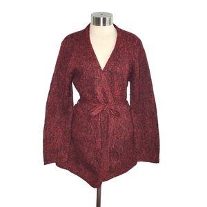 A.M.I. Red & Black Marled Knit Belted Mid-Length Cardigan Sweater Women's Size M